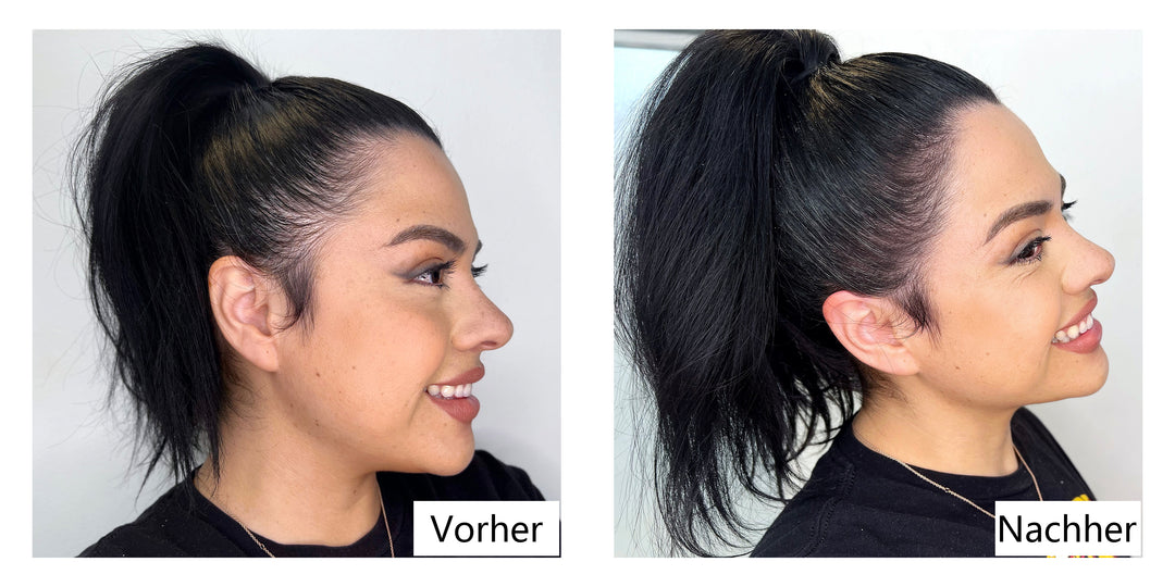Vorher Nachher Vergleichsbilder der Verwendung von Lemooree Hair Building Fasern 1